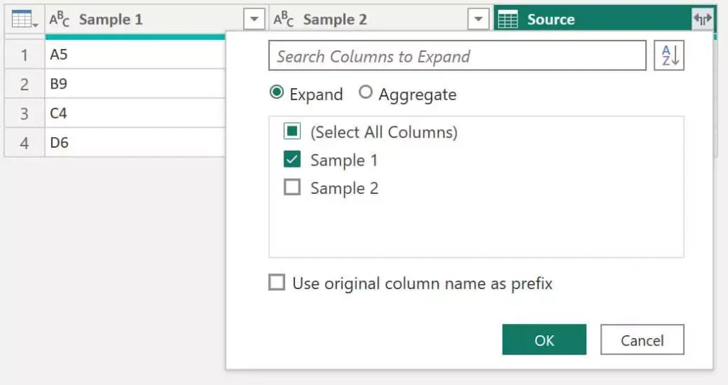 Expand columns after merging in power query